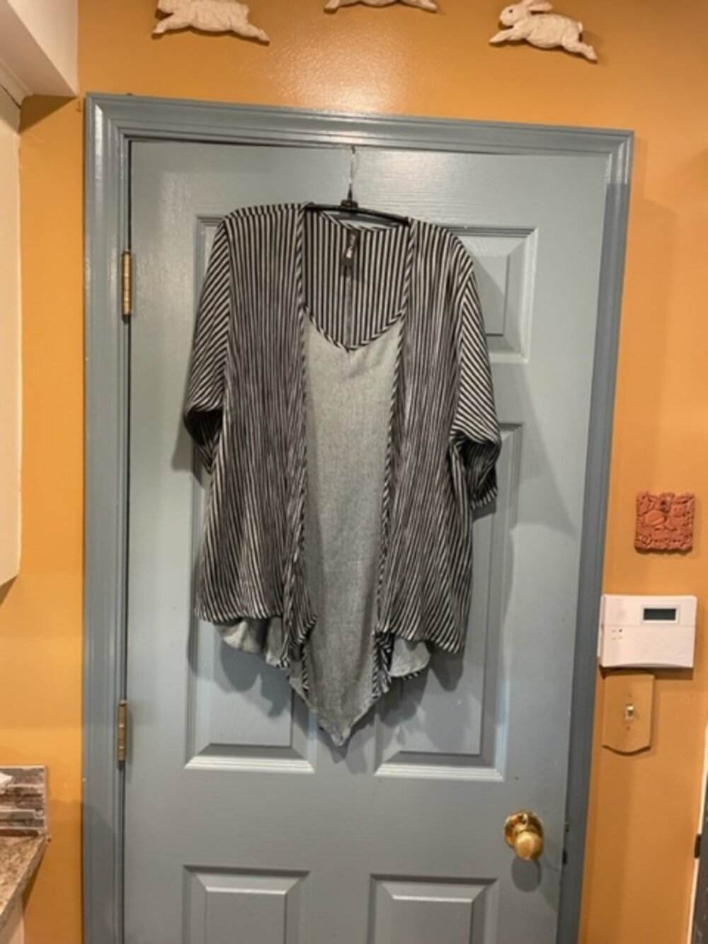 Coco and Juan loose-fitting blue-gray, black striped top with tie, XL, rare